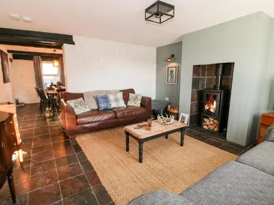 a living room with a couch and a fireplace at Smithy House in Dumfries