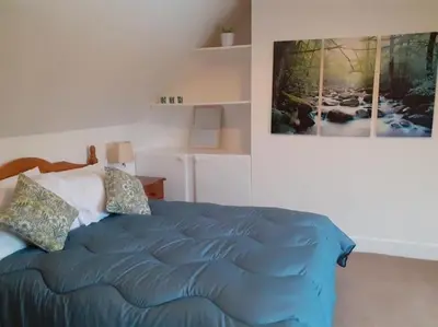a bedroom with a blue bed with a picture on the wall at Odea Hot tub Holiday Cottage in Dumfries