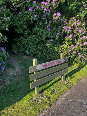 a wooden bench with a sign that reads the secret box at The Forest Cabin Holiday Home 15 in Ballantrae