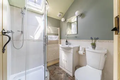 a bathroom with a toilet and a shower and a sink at Poet's Corner in Grasmere