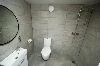 a bathroom with a shower and a toilet and a sink at Bird Nest - dine with the eagles Private Retreat in Carlisle