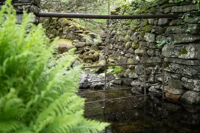 a stone wall with a gate in front of a creek at Panoramic Views & Spacious Living by LetMeStay in Grasmere