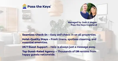 a flyer for a bedroom with a picture of two people at Newly Renovated 2 Bed Property - Pass the Keys in Cleator Moor