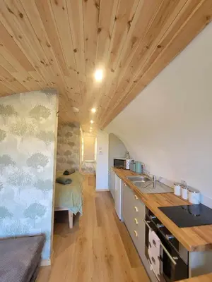 a kitchen with wooden ceilings and a counter top at The Galloway Steading -The Hedgehog's Hideout family cabin with Hot Tub and Fire Pit in Glenluce