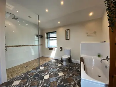 a bathroom with a tub and a toilet and a shower at Tre in Douglas