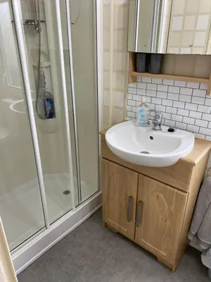 a bathroom with a sink and a shower at 19 Forest Views in Plumbland