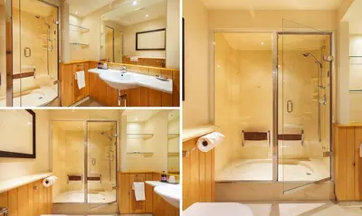 a bathroom with a shower and a sink at Underscar - Latrigg in Keswick