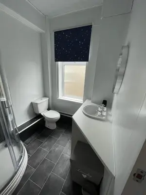 a bathroom with a toilet and a sink and a window at DG1 1ST Floor Flat in Dumfries