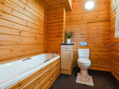 a bathroom with a toilet and a bath tub at Criffel Lodge in Ringford