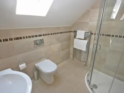 a bathroom with a toilet and a shower and a sink at Cairndoon Steading Whithorn in Carleton