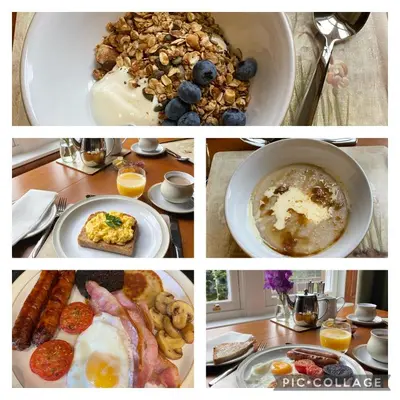 a collage of four pictures of breakfast foods at Burnbank Bed and Breakfast in Moffat
