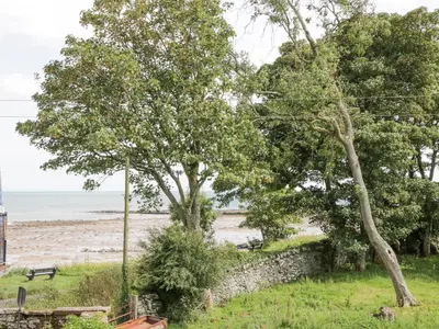 a view of a beach with trees and a wall at Ptarmigan in Newton Stewart