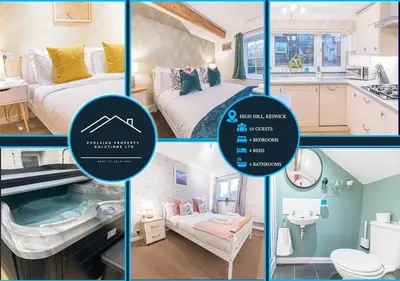 a collage of four pictures of a room at 4BR Holiday Home Steps from Keswick Town Centre in Keswick