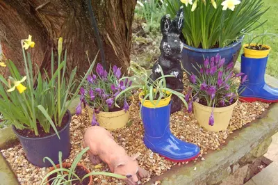 a garden with rain boots and flowers in potted plants at The Boot Inn in Boot