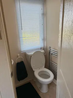 a small bathroom with a toilet and a window at Maneight Fir View with hot tub in Dalleagles