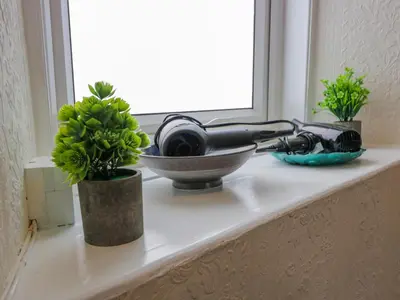 a table with a hair dryer and a plant on it at West Morton House in Thornhill