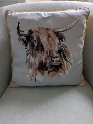 a pillow with an image of a yak with horns at Luxurious Georgian Town House in Langholm