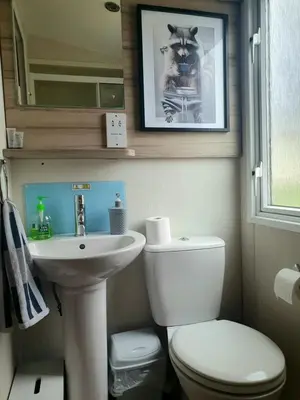 a small bathroom with a toilet and a sink at Barbara's Caravan Craig Tara in Ayr