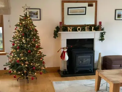 a christmas tree in a living room with a fireplace at Inchlonaig House in Port William