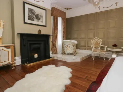 a living room with a fireplace and a rug at Beechgrove Manor in Workington