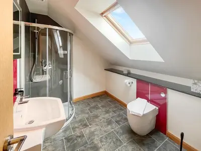 a bathroom with a shower and a toilet and a sink at Quare Place in Mainsriddle