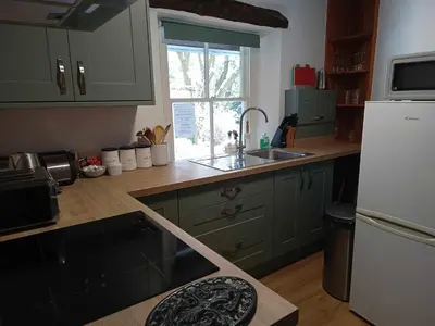 a kitchen with green cabinets and a white refrigerator at The Dairy - Patterdale Hall in Penrith