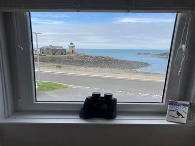 a window with two pairs of shoes sitting on a window sill at 2 Bed seafront cottage in Portpatrick in Portpatrick