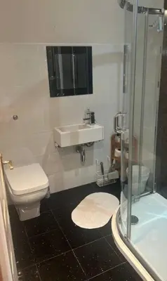 a bathroom with a sink and a toilet and a shower at Maiden Moor in Borrowdale Valley