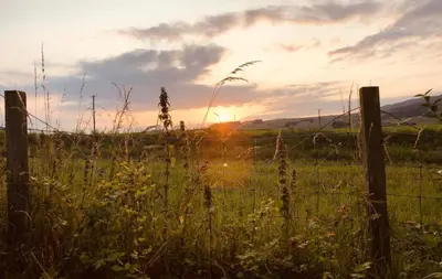 a fence in a field with the sunset in the background at Curlew Cottage in Gatehouse of Fleet
