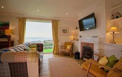 a living room with a couch and a tv and a fireplace at Edenville Cottage in Gatehouse of Fleet