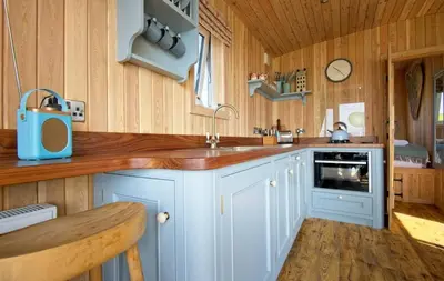 a kitchen with white cabinets and a wooden wall at Little Beach in Gatehouse of Fleet