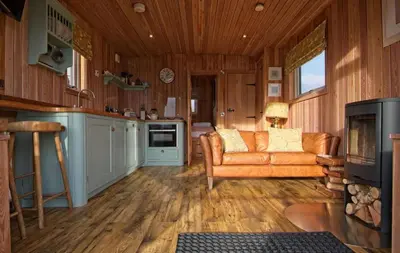 a living room with a couch and a kitchen at Little Willow in Gatehouse of Fleet