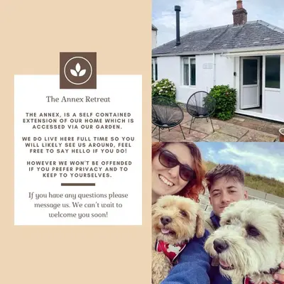 a collage of two pictures of a woman and a dog at The Retreat, self-contained cosy Anex, M6 A75 Gretna Green in Rigg