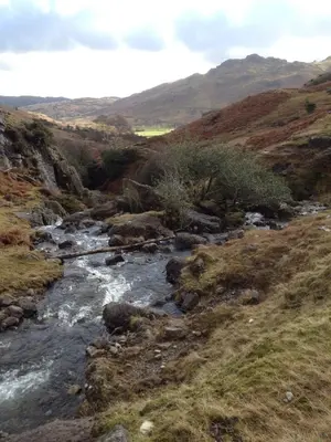 a stream in the middle of a field with mountains at Cosy home in centre of Lake District National Park in Chapel Stile