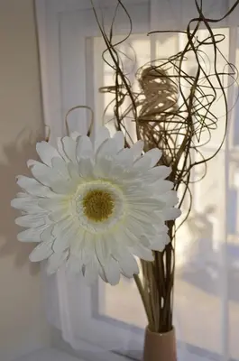 a white flower in a vase with some branches at Sea Breeze Guest House in Douglas