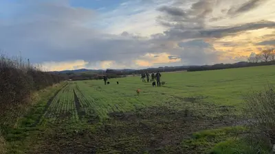 a group of people walking in a field at Mains of Greenlaw Cottage in Castle Douglas