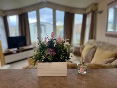 a vase of flowers on a table in a living room at Skiddaw Lodges- The Lake District in Plumbland