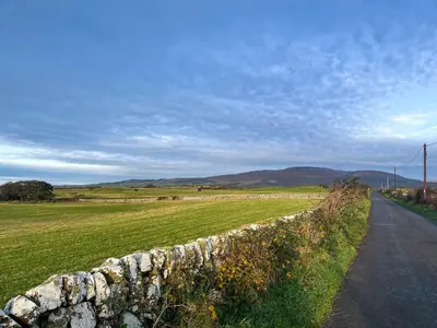 a stone wall next to a field and a road at Fleet Townhouse in Gatehouse of Fleet