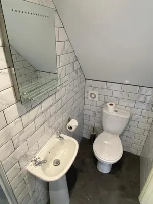 a bathroom with a toilet and a sink and a mirror at Berkeley House in Keswick