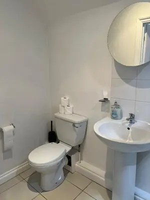 a white bathroom with a toilet and a sink at Lakenhow in Seascale