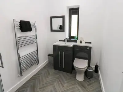 a bathroom with a toilet and a sink and a mirror at Oaktree Cottage - 3 Bedrooms - Sleeps 6 in Frizington