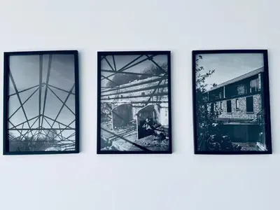 three framed photographs of a train station on a wall at Sycamore Cottage - 2 Bedrooms - Sleeps 4 in Frizington
