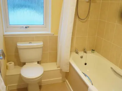 a bathroom with a toilet and a tub and a window at Corner House Hotel in Annan