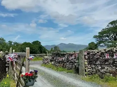 a stone fence with flags on it next to a road at Lake District, Mountain Views, Accessible Studio Bothy in Borrowdale Valley