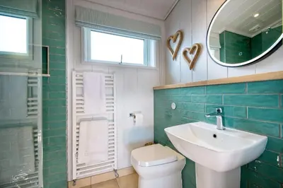 a bathroom with a sink and a toilet and a mirror at Clover Lodge in Gatehouse of Fleet