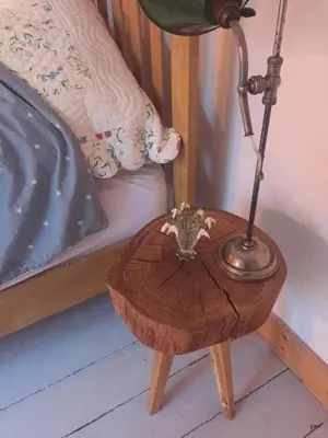 a lamp sitting on a wooden table next to a bed at Holly Lodge, Gilchristland Organic Farm cottage in Closeburn