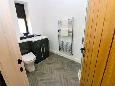 a bathroom with a toilet and a sink and a mirror at Silverbirch Cottage - 3 Bedrooms - Sleeps 6 in Frizington