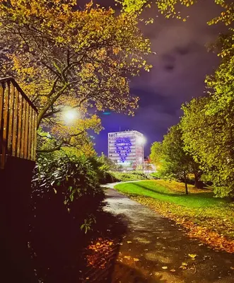 a park at night with a building in the background at No23 - Bright & spacious 2nd floor flat - PET friendly - Noon check out in Stanwix