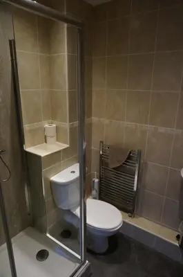 a small bathroom with a toilet and a shower at Chaucer View, Chaucer House Apts in Keswick