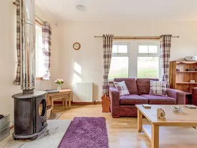 a living room with a couch and a wood stove at Holiday Home Foxglove cottage by Interhome in Straiton